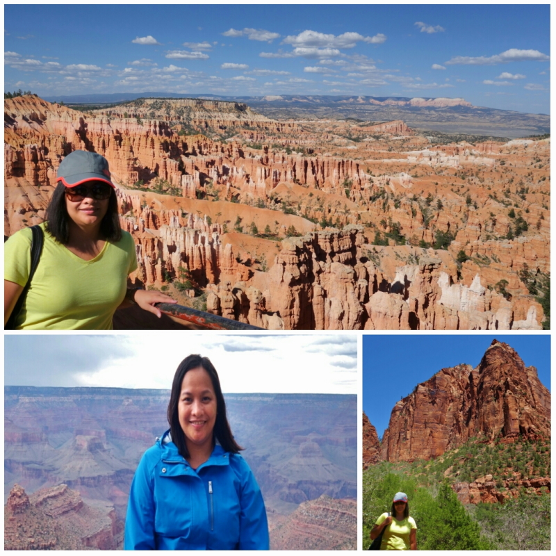 me at Zion National Park, Bryce Canyon, and Grand Canyon